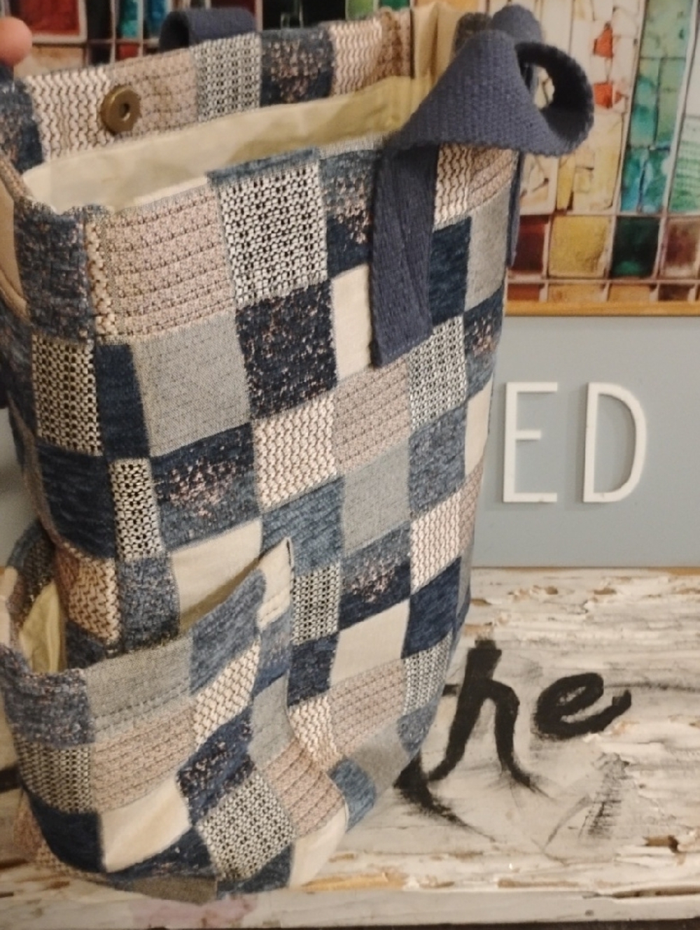 Universal Thread NWT Women’s Woven Check Tote Bag in Blue and Cream Patchwork - Picture 3 of 9